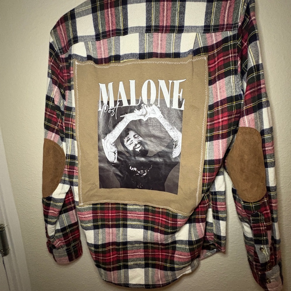 J. Crew Multicolor Plaid Shirt with Graphic Detail of Post Malone.